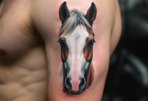 Paint Horse Portrait – A white and brown patched horse head with detailed fur texture, subtle pink muzzle and soft brown eyes, in photorealistic style. tattoo idea