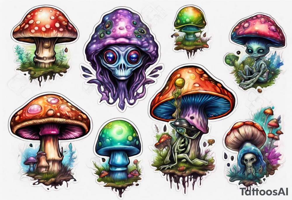 An alien having a psychedelic trip on mushrooms tattoo idea
