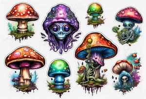 An alien having a psychedelic trip on mushrooms tattoo idea