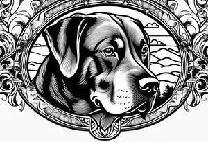 Dog head shape outline with  river amd bridge view tattoo idea