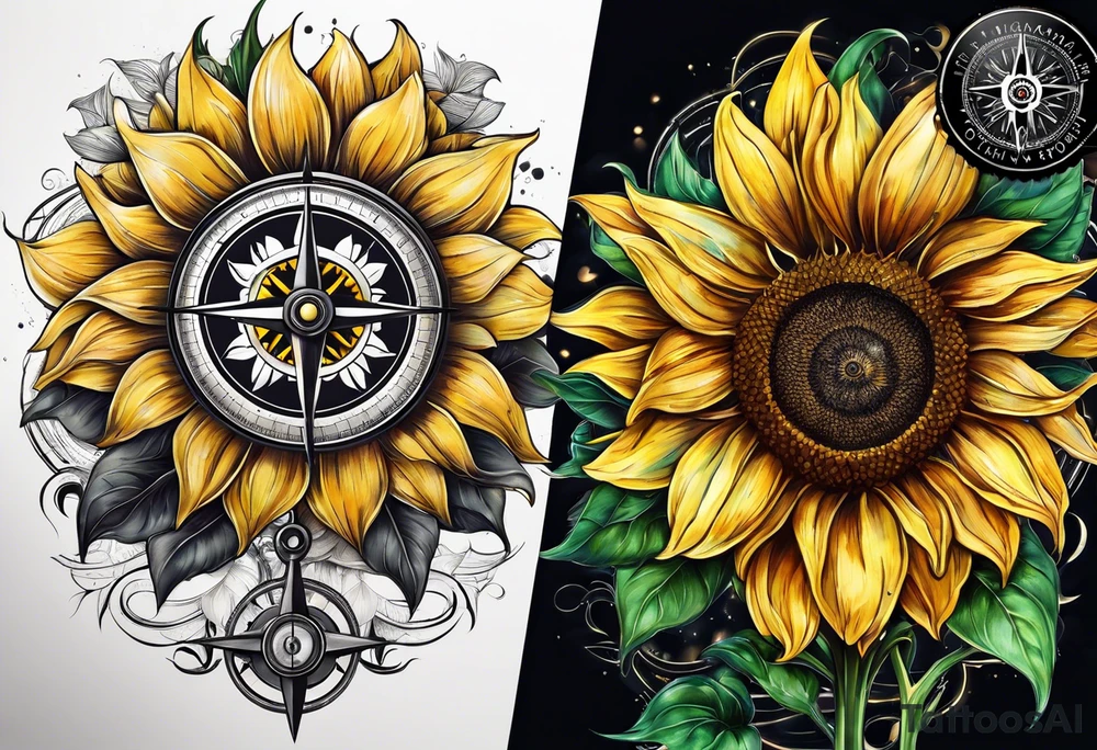 Sunflower next to a compass tattoo idea