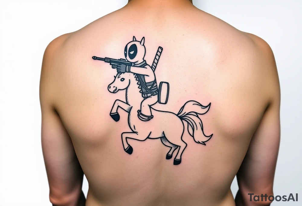 Deadpool riding unicorn pointing rocket propelled grenade launcher tattoo idea