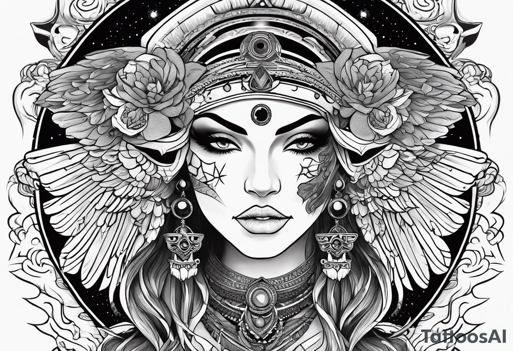black kali, goddess pirate, alien, angel, pachamama, valkrye, warrior, flying, skull, lotus azul, wing, eagle, zenza resonance, stars, 5D, anahata chakra, death, durga, riding on a tiger, flying lady tattoo idea