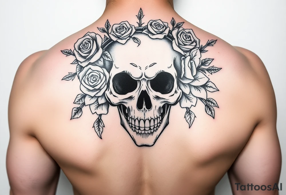 ornate skull adorned with crown of wild roses and thorns tattoo idea
