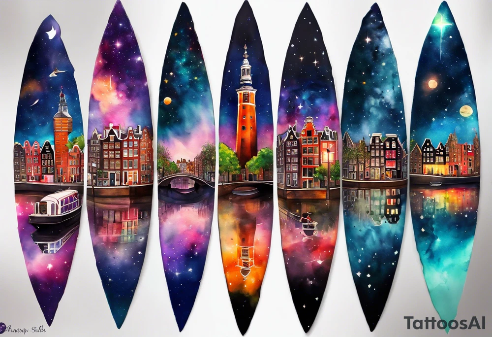 Arm tattoo, Animals, birds, stag, fox, watercolour of animals made from glass in Amsterdam featuring Amsterdam buildings and Amsterdam canal in galaxy colours featuring pineapples as space colours, galaxy colours, night sky, pineapples tattoo idea