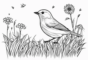 Little bird outline sitting in a field of grass and daisys tattoo idea
