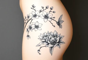 Orchid or cherry blossom tree and lotus and snake and angels on a woman tattoo idea