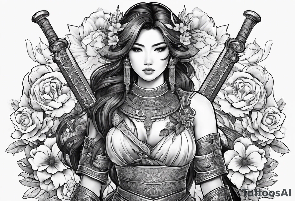 ornate beautiful woman warrior with weapon & floral surrounding tattoo tattoo idea