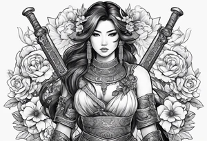 ornate beautiful woman warrior with weapon & floral surrounding tattoo tattoo idea