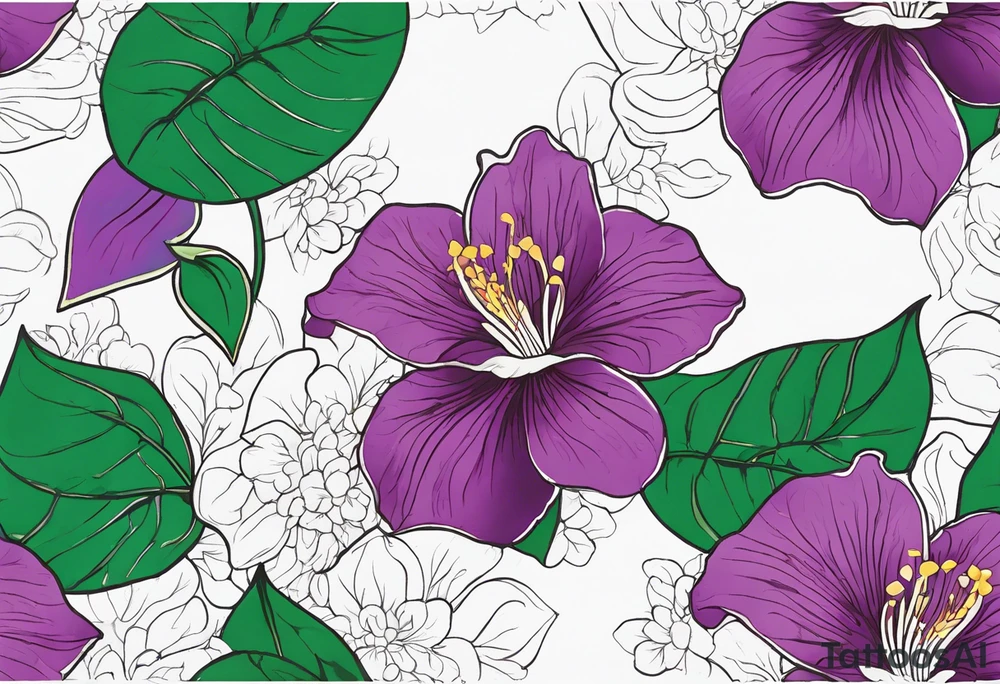 An outline of a rio dipladenia flower with green pedals and a purple watercolor splash in the background tattoo idea