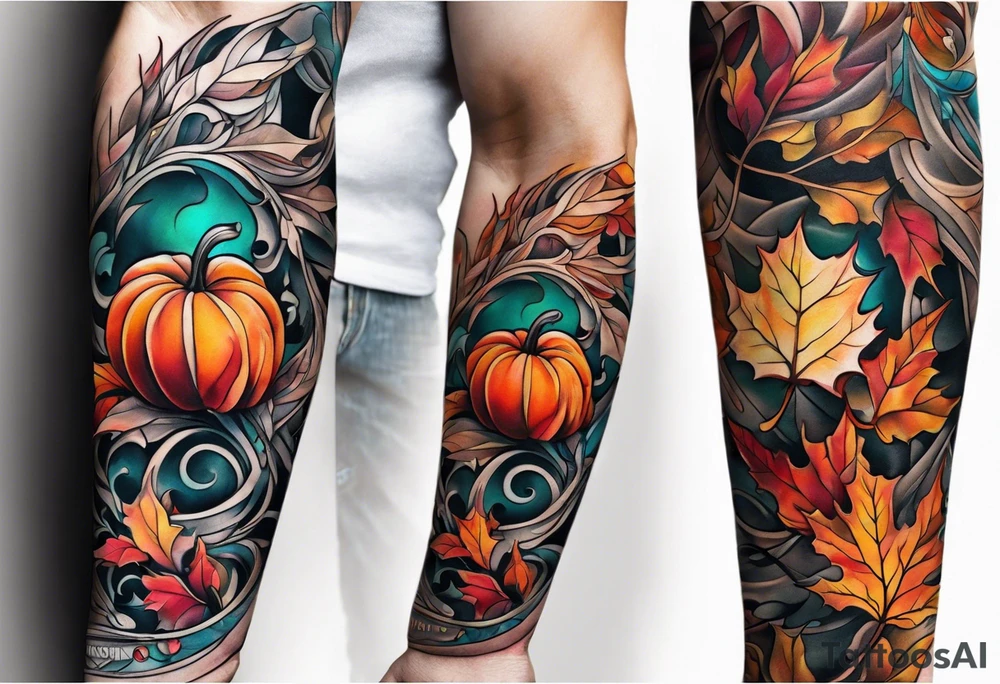 Arm Sleeve Tattoo with fall colors flat tattoo idea