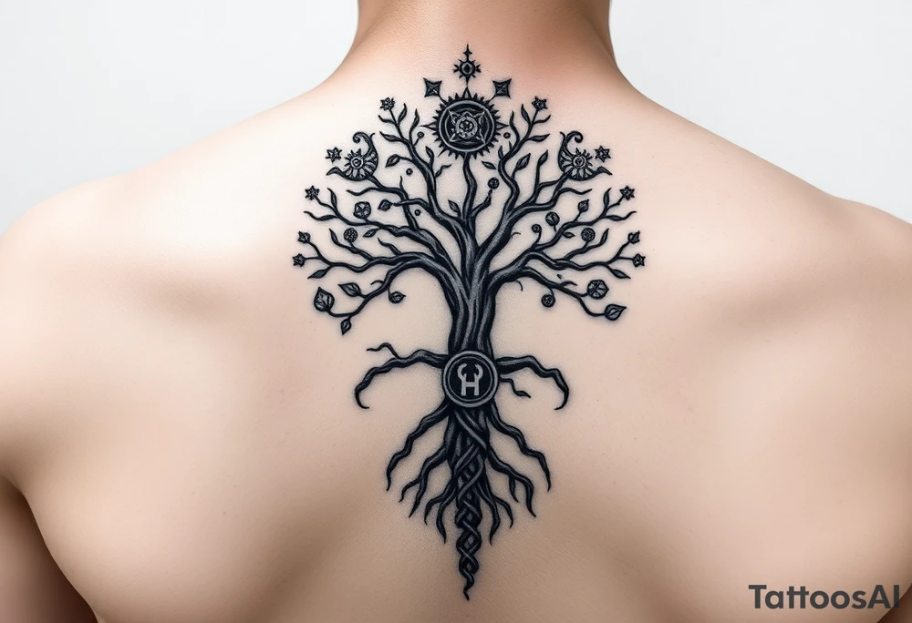 geometrical mystical tree of life with cosmic roots and celestial symbols branches with HIV-positive symbol tattoo idea