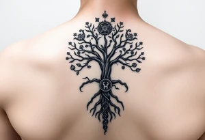 geometrical mystical tree of life with cosmic roots and celestial symbols branches with HIV-positive symbol tattoo idea