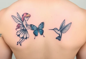 A blonde and pink haired fairy, a blue butterfly, a hummingbird, and a flying squirrel tattoo idea