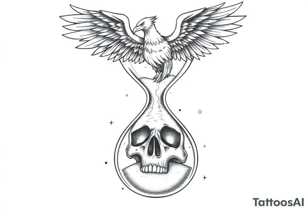 A cracked hourglass with the sands forming a skull below and a phoenix rising from the top. tattoo idea
