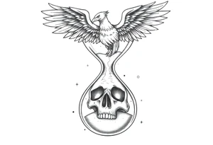 A cracked hourglass with the sands forming a skull below and a phoenix rising from the top. tattoo idea