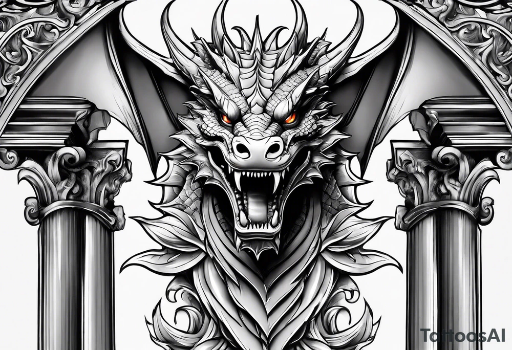 Not scary Dragon broken roman columns tattoo idea