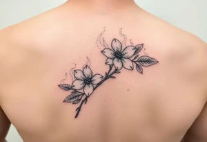 fine line dogwood branch with flowers on fire tattoo idea