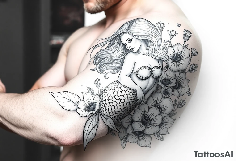 ethereal mermaid with flowing hair among coral and sea flowers tattoo idea