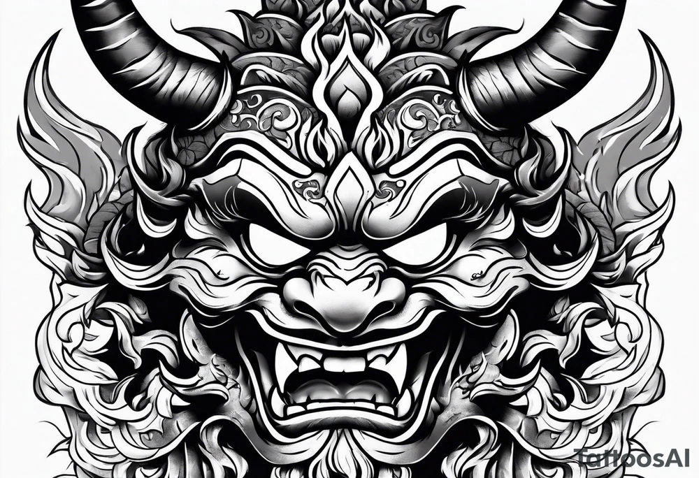 Oni mask with mouthful of flames tattoo idea