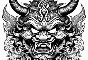 Oni mask with mouthful of flames tattoo idea