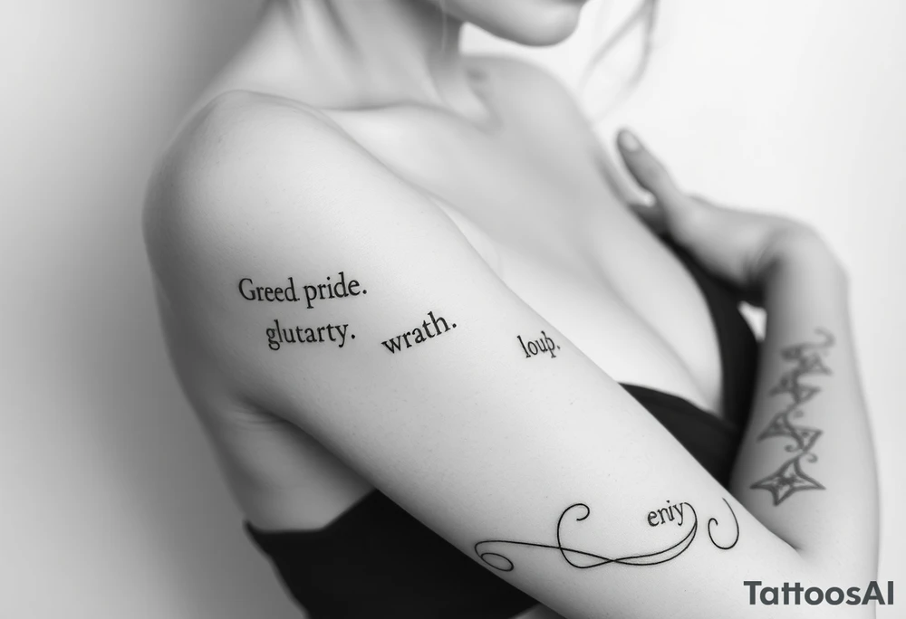 powerful sexy seven deadly sins with words greed, pride, gluttony, wrath, lust, sloth and envy, with a darkness kind of feeling tattoo idea