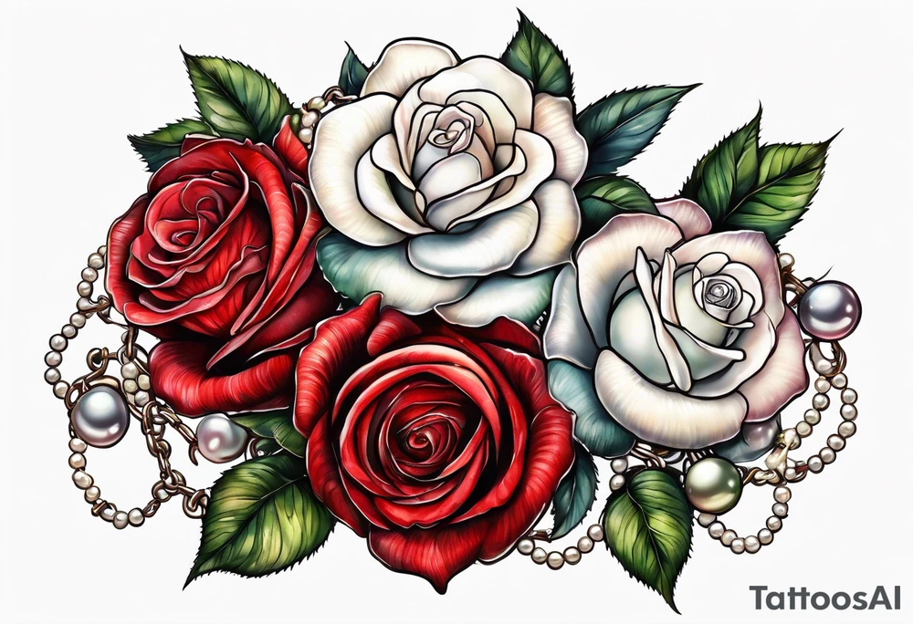 Red roses with a chain made of pearls and seashells tattoo idea