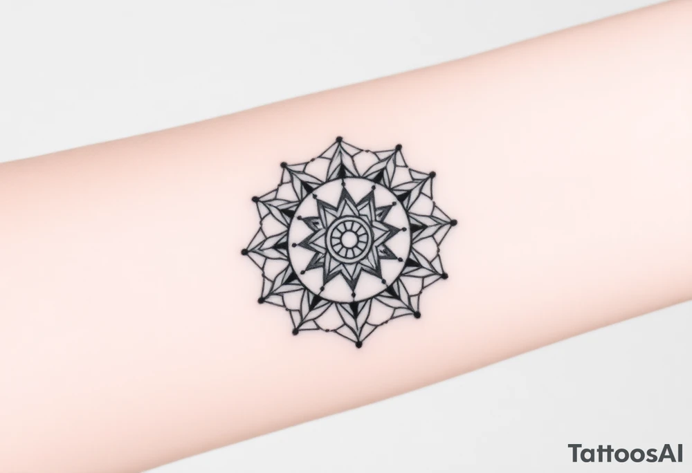 simple, minimalist tattoo, sacred geometry mandala, centerpiece design, dotwork patterns, radiating geometry, symmetrical mandala, geometric shapes, intricate dotwork, sacred patterns, mandala center, geometric radiating, fine line work, black grey shading, minimalist design, no outlines, arm placement, delicate linework, precise geometry, clean symmetry, sacred symbols, geometric precision, dotwork details, mandala focal point, refined patterns, understated complexity, geometric harmony, minimalist tattoo idea