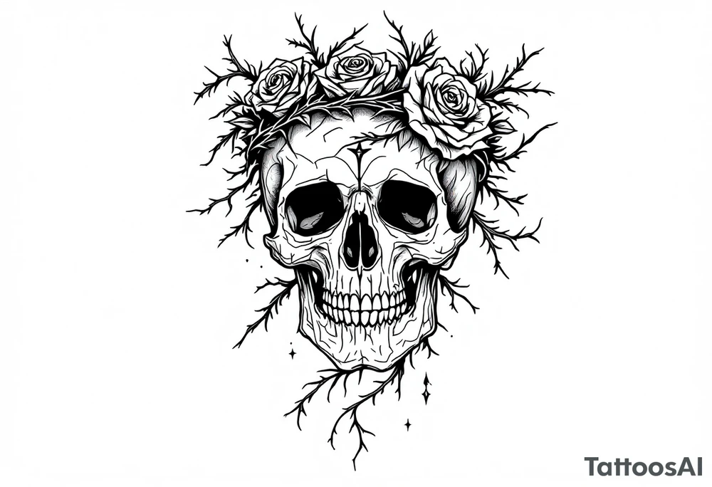ornate skull adorned with crown of wild roses and thorns tattoo idea