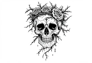 ornate skull adorned with crown of wild roses and thorns tattoo idea