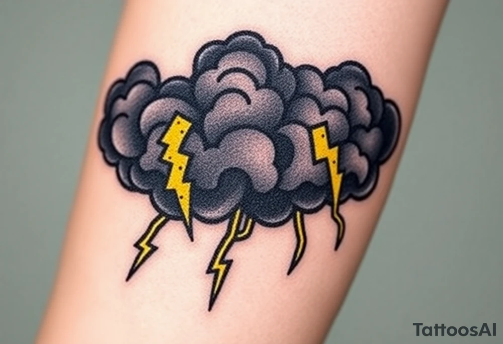 Black dark menacing storm clouds with eerie yellow lightning bolts tattoo idea