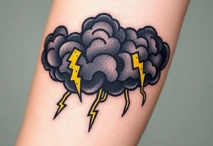 Black dark menacing storm clouds with eerie yellow lightning bolts tattoo idea