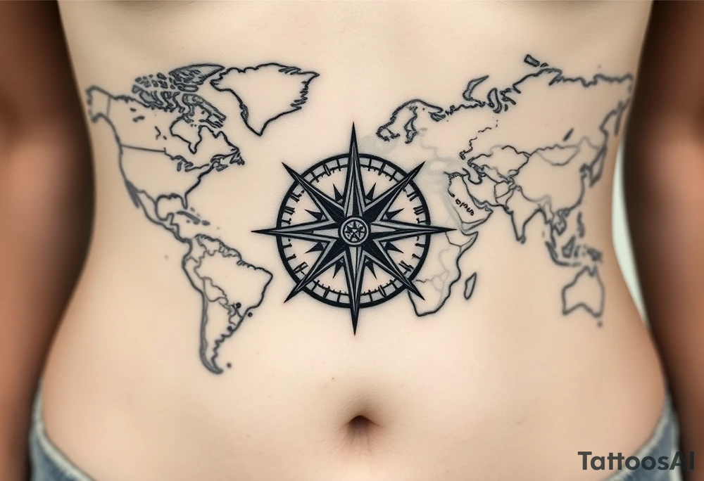 antique compass rose overlaid on weathered world map with sailing ships tattoo idea