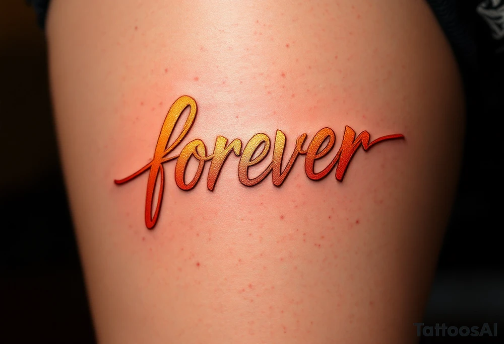 A glowing sunset behind the word "forever" in warm orange and gold gradient cursive. tattoo idea