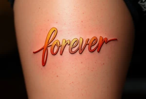 A glowing sunset behind the word "forever" in warm orange and gold gradient cursive. tattoo idea