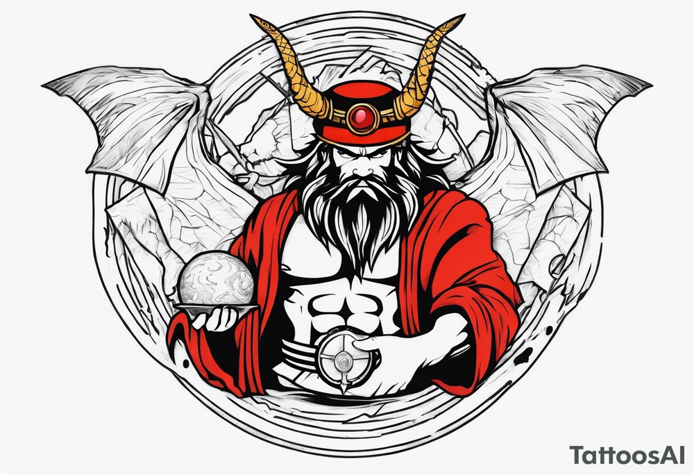 crea a Zeus con un rastreador de dragón ball el sombrero de luffy y el Sharingan todo en estilo tradicional americano tattoo idea