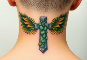 A moss-covered stone cross, with soft green and gold wings resembling leaves in autumn tattoo idea