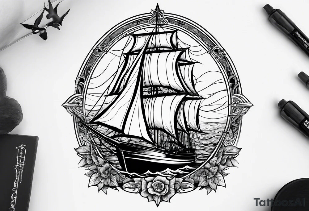 sailboat seen from the front. sail in the shape of a maritime lighthouse.phoenix drawn on the sail. tattoo idea