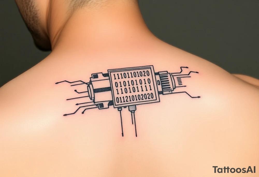 Bio-Mechanical internal computer, binary code, symbolism for 6 kids, 5 boys and youngest is a girl tattoo idea