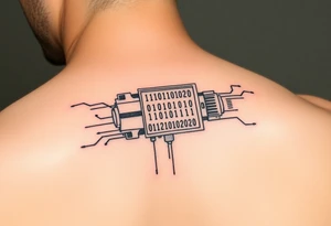 Bio-Mechanical internal computer, binary code, symbolism for 6 kids, 5 boys and youngest is a girl tattoo idea