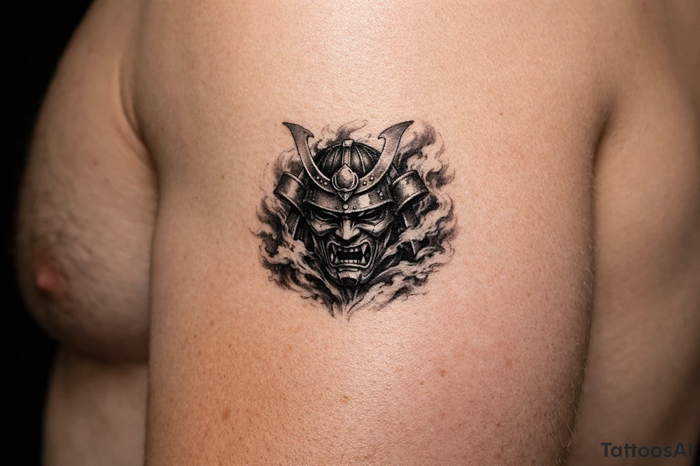 Samurai mask emerging from swirling smoke, black and grey, covering the shoulder. tattoo idea