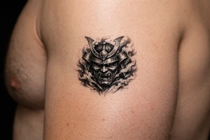 Samurai mask emerging from swirling smoke, black and grey, covering the shoulder. tattoo idea