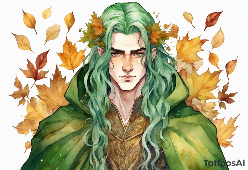 A tall, beautiful 19 year old man with autumn leaves in his long green hair, green skin. Wearing a golden medieval cloak covered with flowers. tattoo idea