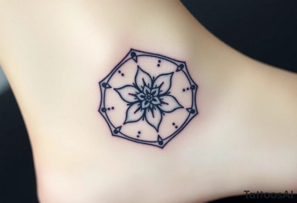 Hexagon with astrological sign for Leo, larkspur and water lilies in the center tattoo idea
