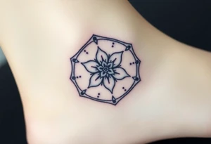 Hexagon with astrological sign for Leo, larkspur and water lilies in the center tattoo idea