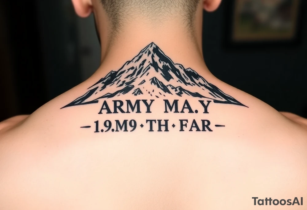 American traditional style with a mountain and ARMY HIMAR and the saying 1-94TH FAR FULL COLOR tattoo idea