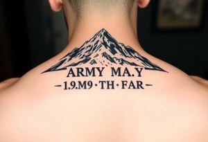 American traditional style with a mountain and ARMY HIMAR and the saying 1-94TH FAR FULL COLOR tattoo idea