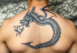 fierce dragon breathing iridescent fire against stormy skies tattoo idea