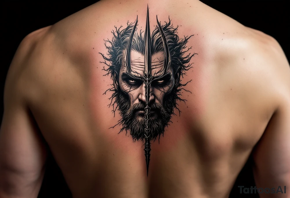 face behind trident tattoo idea