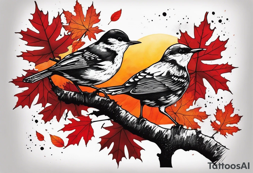 trash polka style. Arm tattoo. chest tattoo. Long tattoo. large tattoo. Full sleeve. Shoulder. A single large maple tree with red autumn leaves that branches upwards from wrist to shoulder. White-throated dipper bird on the trees branches. Calluna flowers at the base of the trees stem. Tree stem has dark colors. Red/yellow sunset behind the trees stem. Leaves falling. tattoo idea